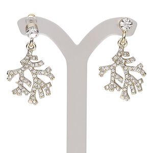 Earring, glass rhinestone with gold-finished brass and "pewter" (zinc-based alloy), clear, 33mm with branch and post. Sold per pair.