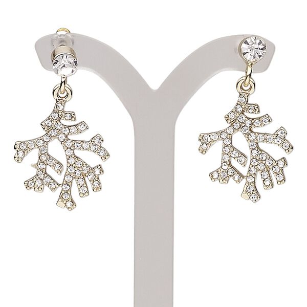 Earring, glass rhinestone with gold-finished brass and "pewter" (zinc-based alloy), clear, 33mm with branch and post. Sold per pair. image number 0