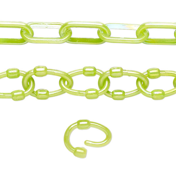 Chain, plastic, peridot green AB, 7mm oval with 9mm oval link. Sold per (5) 15" to 16" sections. image number 0