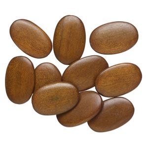 Bead, wood (dyed), walnut brown, 30x19mm-31x20mm flat oval. Sold per pkg of 10.