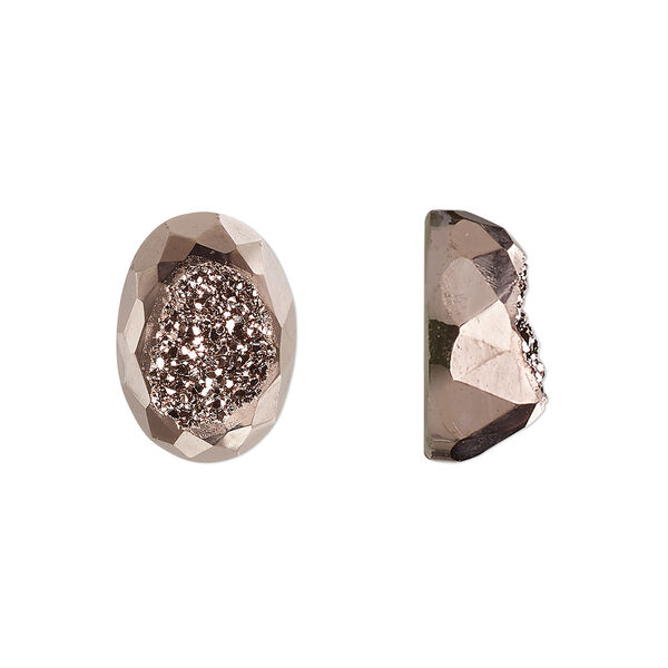 Cabochon, druzy agate (coated), rose gold, 14x10mm hand-cut loosely calibrated faceted oval, B grade, Mohs hardness 7. Sold individually. image number 0