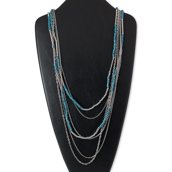 Necklace, painted wood / silver-coated plastic / imitation rhodium-plated steel / brass, blue, flat round, 32 inches with 2-inch extender chain and lobster claw clasp. Sold individually. image number 0