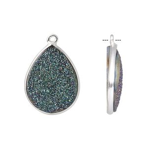 Druzy agate / sterling silver 1pkg1, electrocoated hand-cut flat teardrop drop 21x16mm-22x17mm