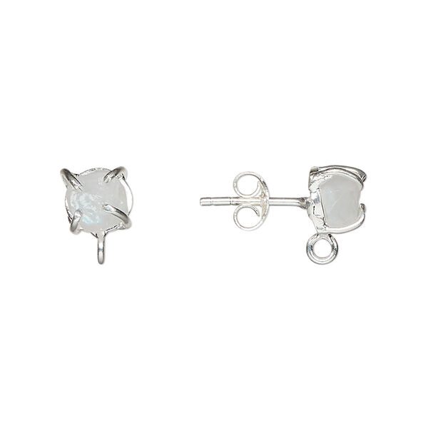Ear stud, sterling silver and rainbow moonstone (natural), 5-7mm rough nugget with closed loop. Sold per pair. image number 0