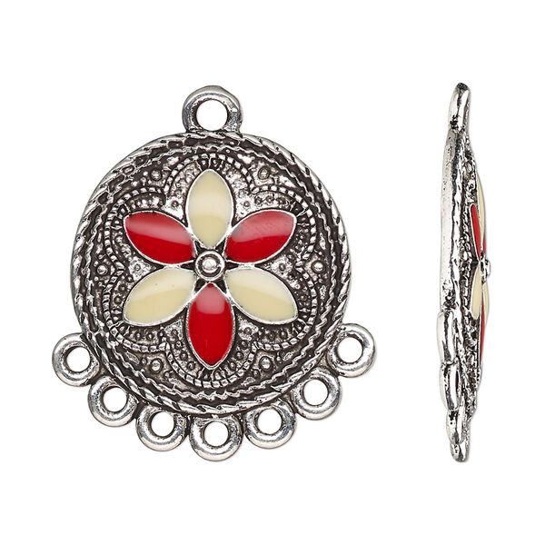Drop, antique silver-finished "pewter" (zinc-based alloy) and resin, cream and red, 23mm single-sided domed round with flower and 7 closed loops. Sold per pkg of 4. image number 0