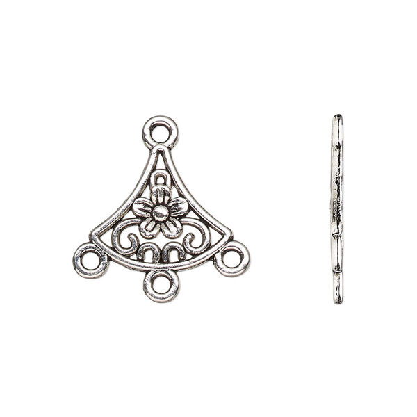 Drop, antique silver-finished "pewter" (zinc-based alloy), 15x14mm single-sided fan with flower and 3 closed loops. Sold per pkg of 20. image number 0