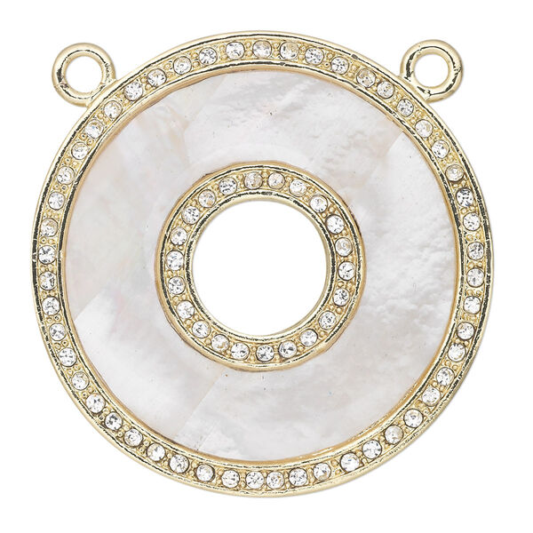 Focal, mother-of-pearl shell and gold-finished pewter (tin-based alloy) with Czech crystal, clear and white, 39mm single-sided flat donut with 2 top loops. Sold individually. image number 0