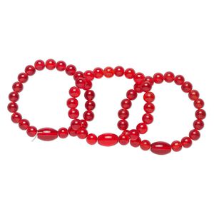 Bracelet, stretch, glass, red, 7-8 inches wearable length. Sold per pkg of 3.