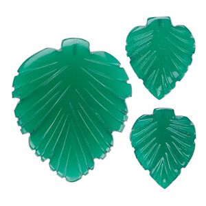 Green agate 1pkg3, hand-cut top-drilled carved leaf bead 29x25mm / 16x14mm
