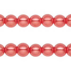 Bead, glass pearl, red-orange, 7-8mm round. Sold per pkg of (2) 15-inch strands, approximately 100 beads.
