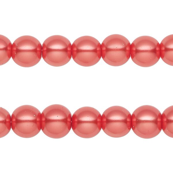 Bead, glass pearl, red-orange, 7-8mm round. Sold per pkg of (2) 15-inch strands, approximately 100 beads. image number 0