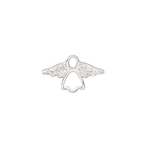 Charm, sterling silver and cubic zirconia, clear, 19x11mm single-sided open angel. Sold individually.