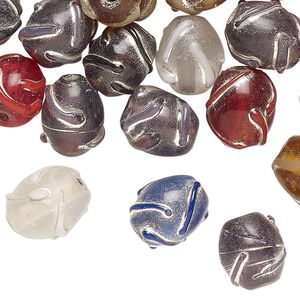 Bead mix, glass, translucent mixed colors, 11x10mm textured oval with wiggy line design. Sold per 2-ounce pkg, approximately 40 beads.
