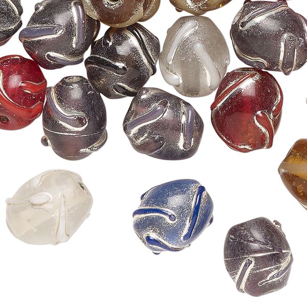 Bead mix, glass, translucent mixed colors, 11x10mm textured oval with wiggy line design. Sold per 2-ounce pkg, approximately 40 beads. image number 0