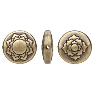 Bead, TierraCast®, "Soulful Spirit" collection, antique brass-plated pewter (tin-based alloy), 14mm two-sided flat round with lotus design. Sold per pkg of 2.