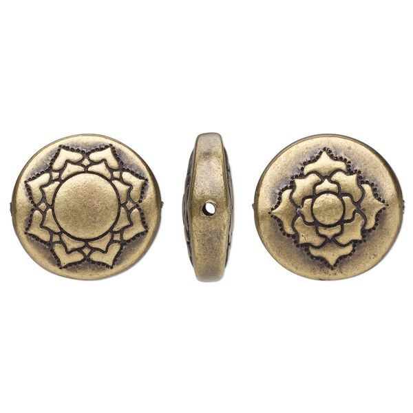Bead, TierraCast®, "Soulful Spirit" collection, antique brass-plated pewter (tin-based alloy), 14mm two-sided flat round with lotus design. Sold per pkg of 2. image number 0