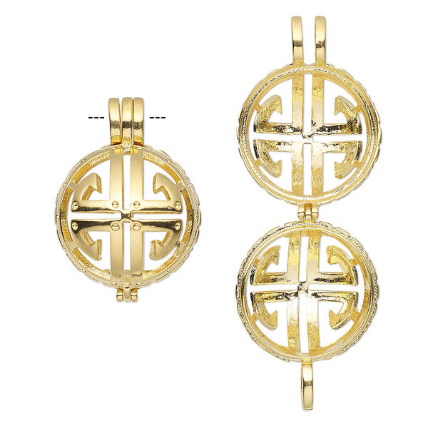 Drop, gold-finished "pewter" (zinc-based alloy), 28x21mm round bead cage with cutout design, fits up to 17mm bead. Sold individually. image number 0