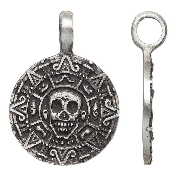 Pendant, antiqued pewter (tin-based alloy), 43x31mm single-sided skull coin. Sold individually. image number 0