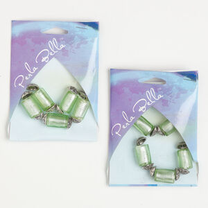 Bead assortment 1pkg30, antique silver-finished "pewter" (zinc alloy) and lampworked glass, green with silver-colored foil, 16x13mm cylinder / 10x5mm bead cap, fits 9-11mm beads.