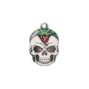Charm, resin and antique silver-plated "pewter" (zinc-based alloy), multicolored, 19x14.5mm single-sided skull with snake design. Sold individually.