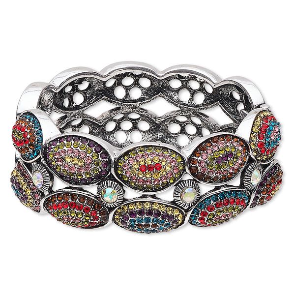 Bracelet, hinged bangle, glass rhinestone / antique silver-finished steel / "pewter" (zinc-based alloy), multicolored, 27.5mm wide with 2-row oval design, 6 inches. Sold individually. image number 0