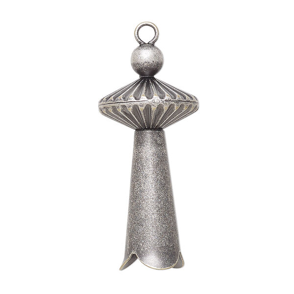 Focal, antique silver-plated brass and "pewter" (zinc-based alloy), 34x15mm 3D squash blossom. Sold per pkg of 2. image number 0