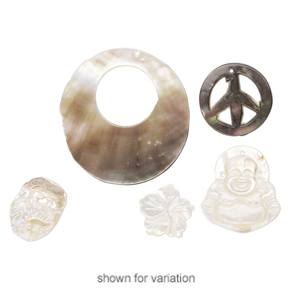 Drop mix, black lip shell / gold lip shell / mother-of-pearl shell (natural / bleached / dyed), mixed colors, 19x11mm-48x46mm mixed shape, Mohs hardness 3-1/2. Sold per pkg of 5. image number 2