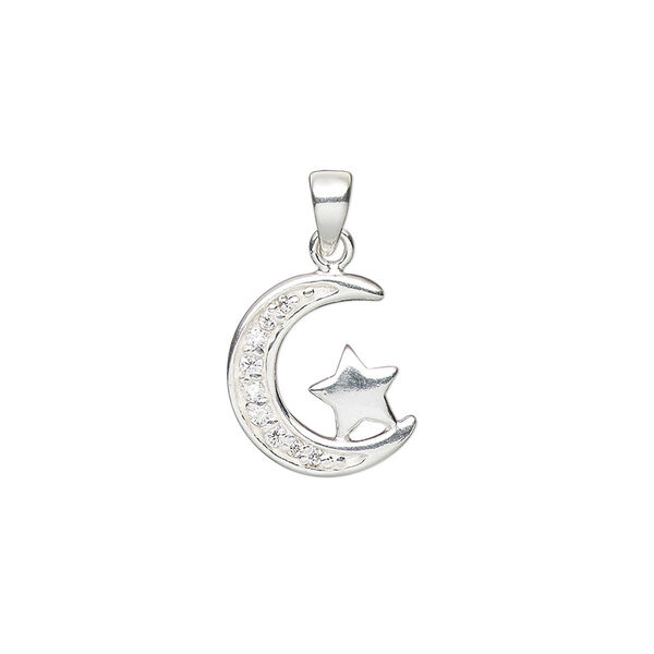 Pendant, cubic zirconia and sterling silver, clear, 14x12mm single-sided moon with star. Sold individually. image number 0