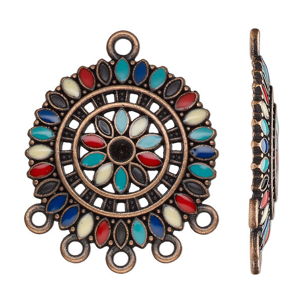 Drop, antique copper-finished "pewter" (zinc-based alloy) and resin, multicolored, 28.5mm single-sided round with 5 closed loops. Sold per pkg of 4. image number 0