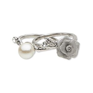 Ring, crystals / acrylic pearl / brass / imitation rhodium-plated "pewter" (zinc-based alloy), white / grey / crystal clear, 8mm round and 11mm flower, size 8. Sold per pkg of 2.