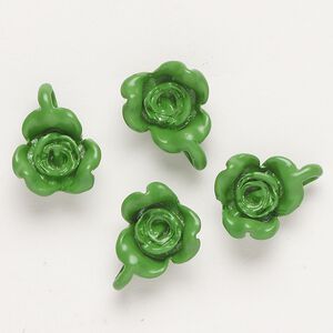 Charm, "pewter" (zinc-based alloy) and enamel, green, 17x13mm flower. Sold per pkg of 4.