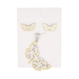 Pendant and earring, stainless steel and gold-finished stainless steel, 46x22mm butterfly pendant and 20x11mm butterfly with post. Sold per set.