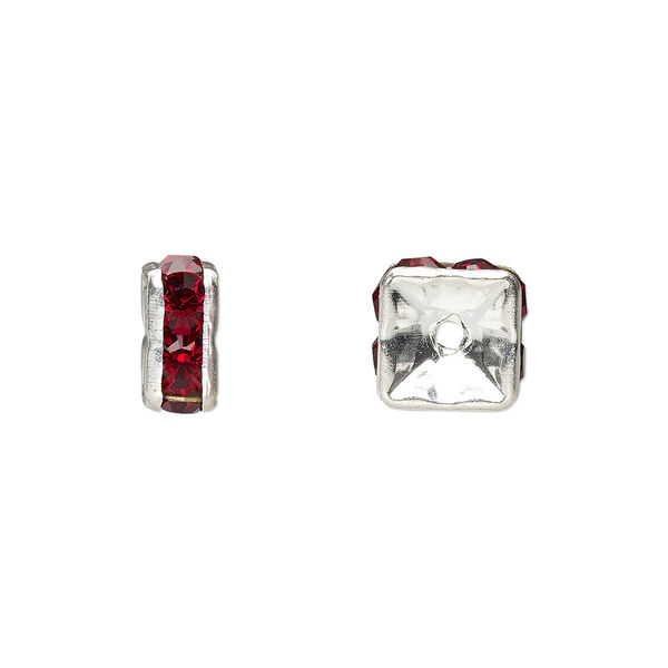 Bead, glass rhinestone and silver-plated brass, garnet red, 8x4mm squaredelle. Sold per pkg of 10. image number 0