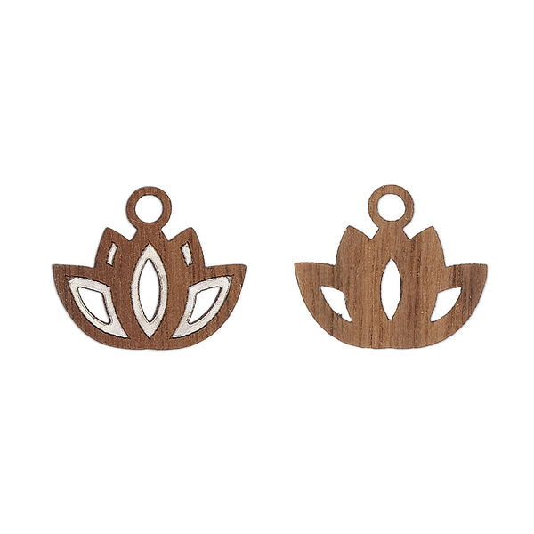 Drop, black walnut (natural) and aluminum foil, 16x11mm single-sided laser-cut lotus. Sold per pkg of 2. image number 0