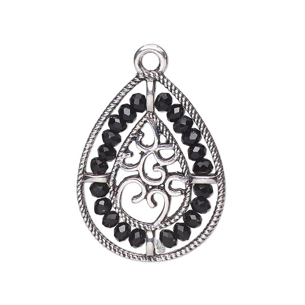 Drop, antique silver-finished "pewter" (zinc-based alloy), black, 27.5 x 21.5mm teardrop with hearts and beaded border. Sold per pkg of 2. image number 0