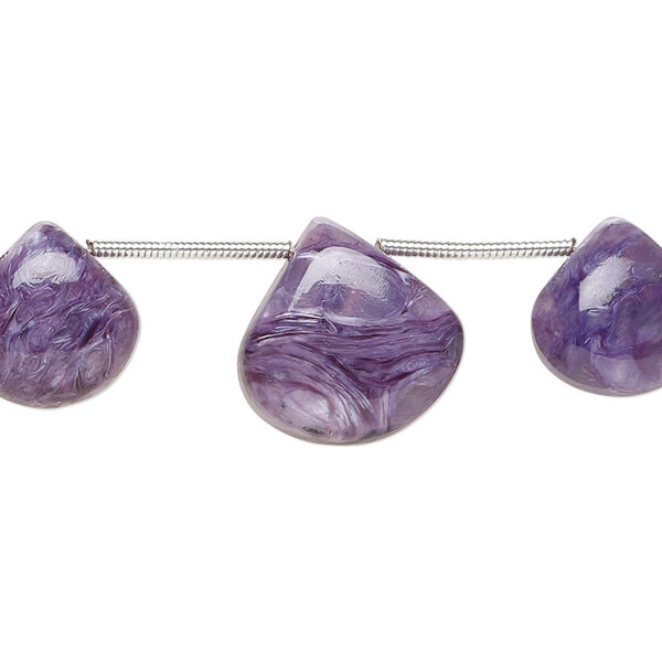 Bead, charoite (natural), 12-15mm graduated hand-cut top-drilled puffed teardrop, B grade, Mohs hardness 5 to 6. Sold per pkg of 3. image number 0