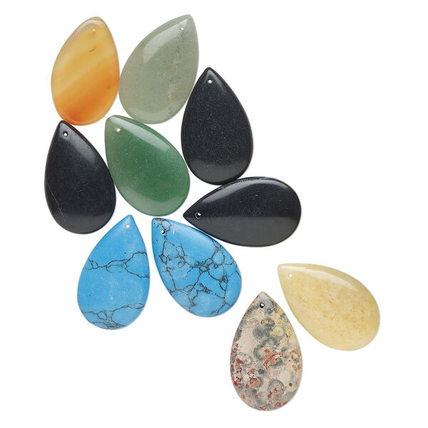 Focal mix, mixed gemstones (natural / dyed / imitation), multicolored, 29x17mm-30x18mm teardrop. Sold per pkg of 10. image number 0