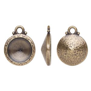 Drop, TierraCast®, Almost Instant Jewelry®, antique brass-plated pewter (tin-based alloy), 15mm hammered round with 12mm rivoli glue-in setting (1122). Sold per pkg of 2.