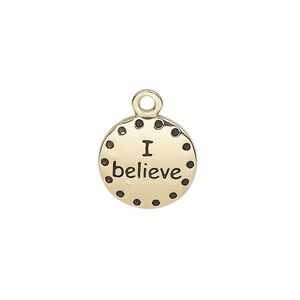 Drop, enamel and gold-finished "pewter" (zinc-based alloy), black, 14.5mm single-sided round with "I believe." Sold individually.