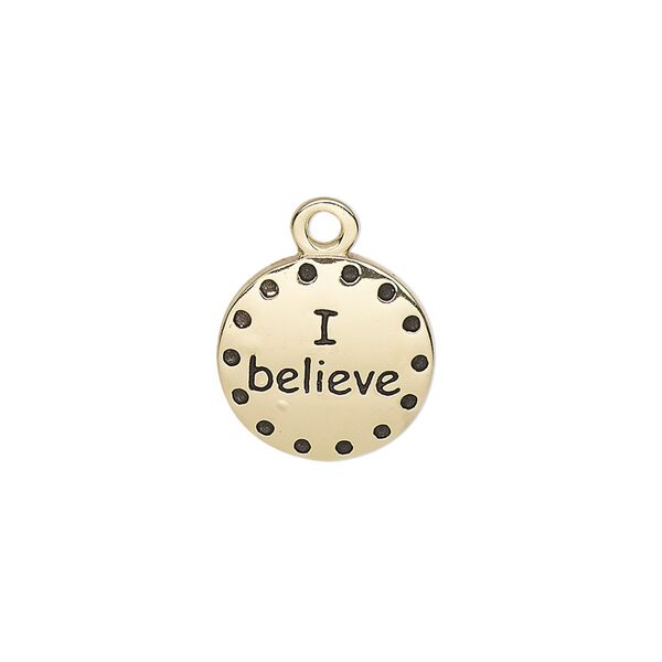 Drop, enamel and gold-finished "pewter" (zinc-based alloy), black, 14.5mm single-sided round with "I believe." Sold individually. image number 0