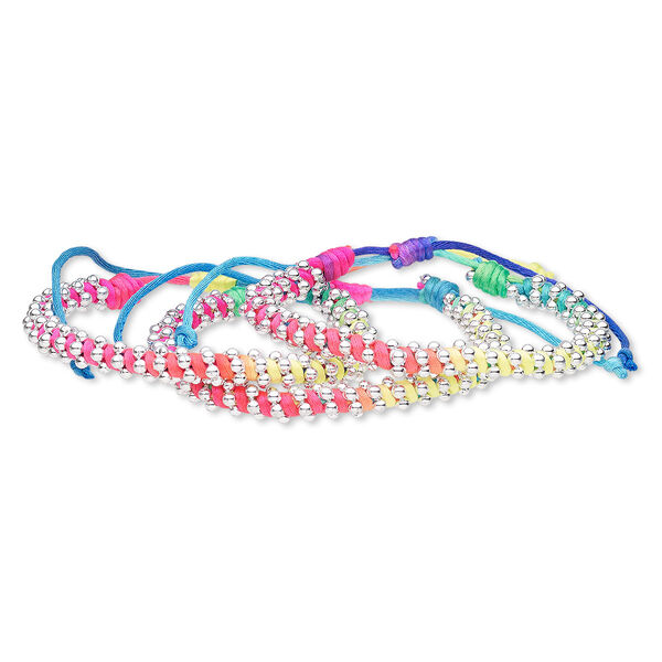 Bracelet mix, nylon and silver-coated plastic, multicolored, 8mm wide, adjustable from 6 to 8-1/2 inches with wrapped knot closure. Sold per pkg of 3. image number 0
