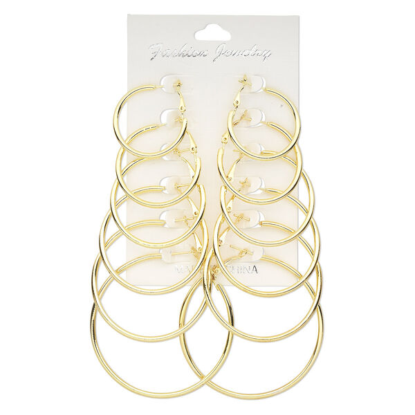 Earring mix, gold-finished steel, mixed sizes, round hoops with hinged closure. Sold per pkg of 6 pairs. image number 0