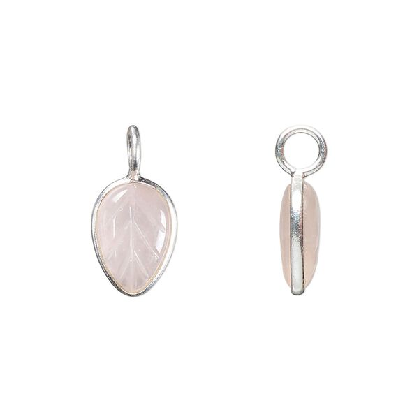 Drop, sterling silver and rose quartz (natural), 14x9.5mm carved leaf. Sold individually. image number 0