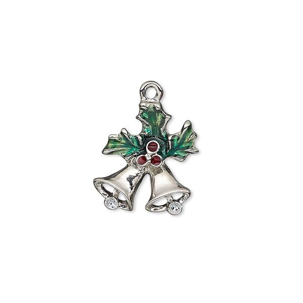 Charm, enamel and imitation rhodium-plated "pewter" (zinc-based alloy), green / red / white with glitter, 16x14mm single-sided bells and holly. Sold individually. image number 0