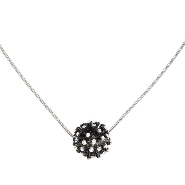 Necklace, crystals / enamel / imitation rhodium-plated "pewter" (zinc-based alloy), crystal clear and black, 17mm round, 16 inches with 3-inch extender chain and lobster claw clasp. Sold individually. image number 0