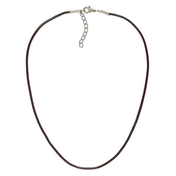 Necklace cord, leather and imitation rhodium-plated brass and steel, brown, 2mm round, 24 inches with 2-inch extender chain and lobster claw clasp. Sold per pkg of 6. image number 0