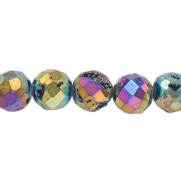 Bead, electroplated druzy agate (coated), peacock, 10mm faceted round, B grade, Mohs hardness 6-1/2 to 7. Sold per 8-inch strand, approximately 20 beads. image number 0