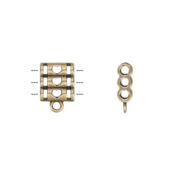 Spacer, antiqued brass, 10x8.5mm double-sided 3-strand triple round tube with heart cutout design and loop, fits up to 2mm bead. Sold individually. image number 0