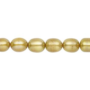 Pearl, cultured freshwater (dyed), dark golden olive, 6x3mm-7x4mm ride with 0.4-0.6mm hole, D grade, Mohs hardness 2-1/2 to 4. Sold per 15-inch strand.