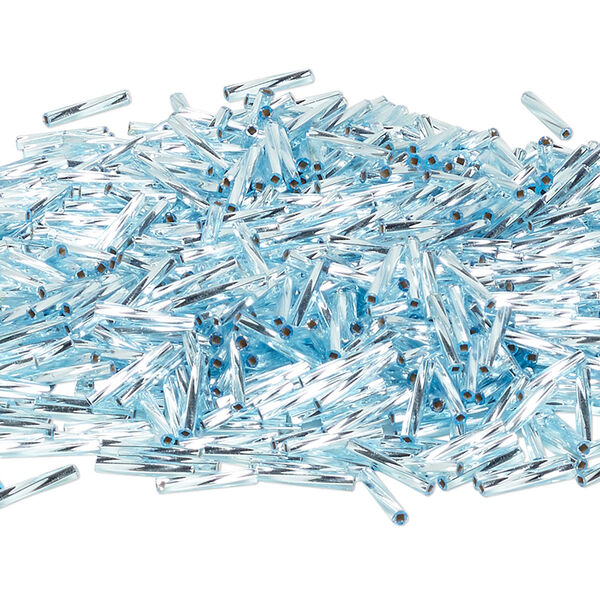 Bead, Miyuki, bugle bead, glass, pkg/250 g, 12x2mm center-drilled twisted, silver-lined translucent light blue, (TW-18). image number 0